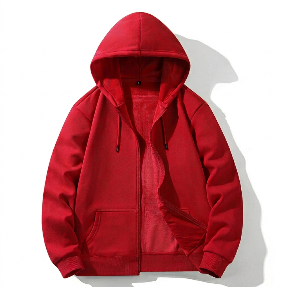 Stijlvolle rode heren zip-up hoodie met capuchon, ideaal voor streetstyle en dagelijks comfort.