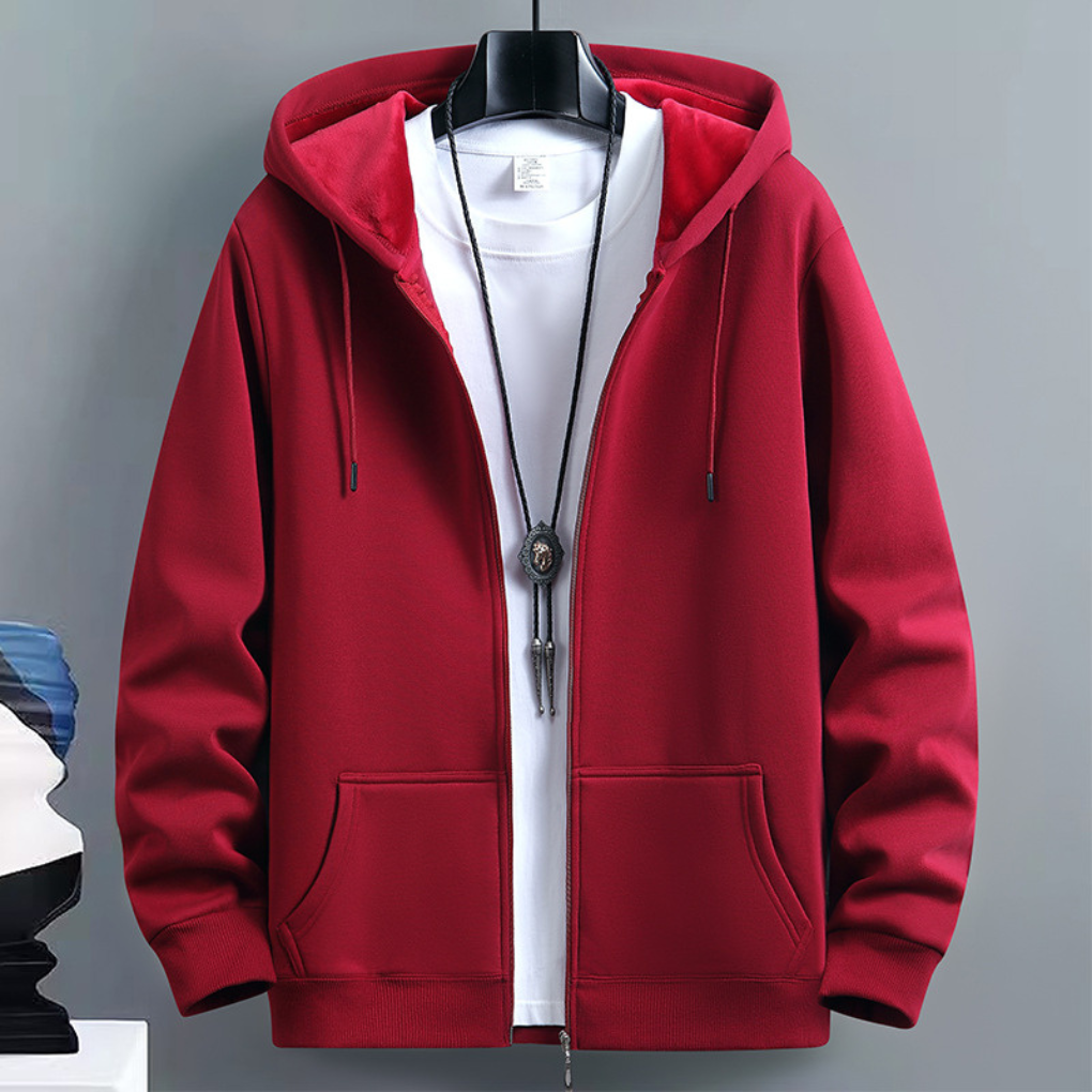 Praktische rode zip-up hoodie voor heren, een veelzijdige hooded sweater voor elke gelegenheid.