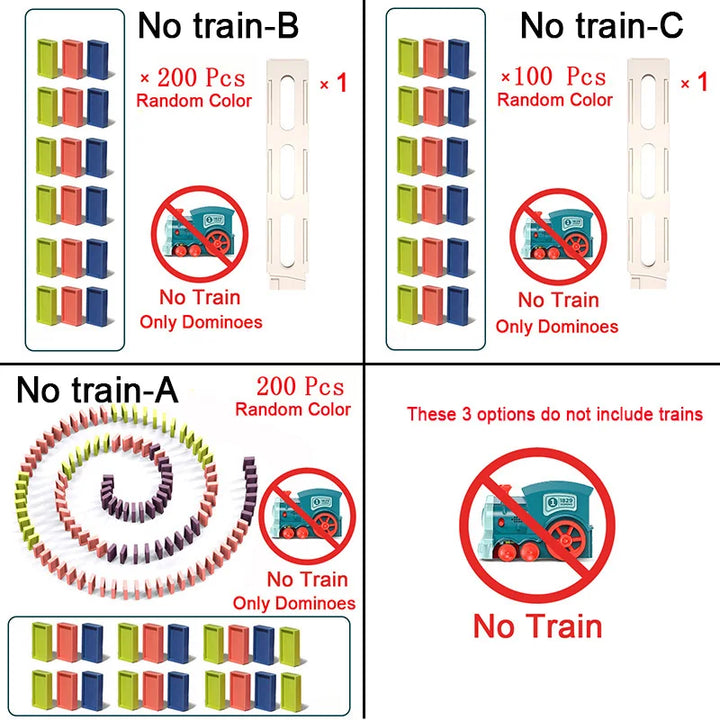 "Rode Magic Domino Trein automatiseert domino-opstelling in kleurrijke patronen, ideaal voor leerzaam kinderspel."