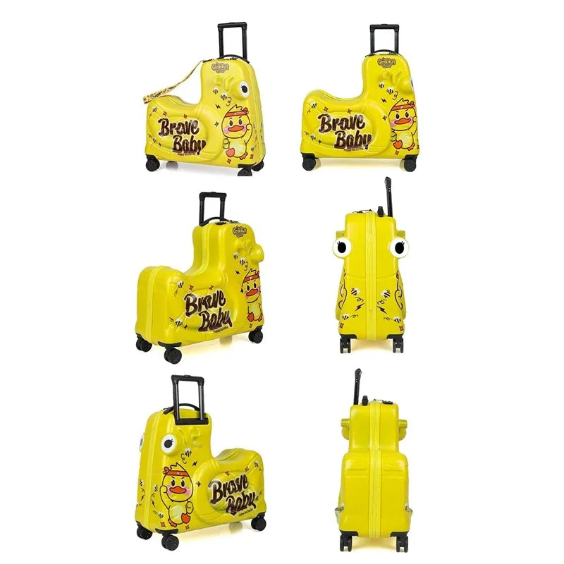 Duurzame kinderzitkoffer met uitschuifbare scooter; maakt wachten leuk en reizen comfortabel voor jonge avonturiers.