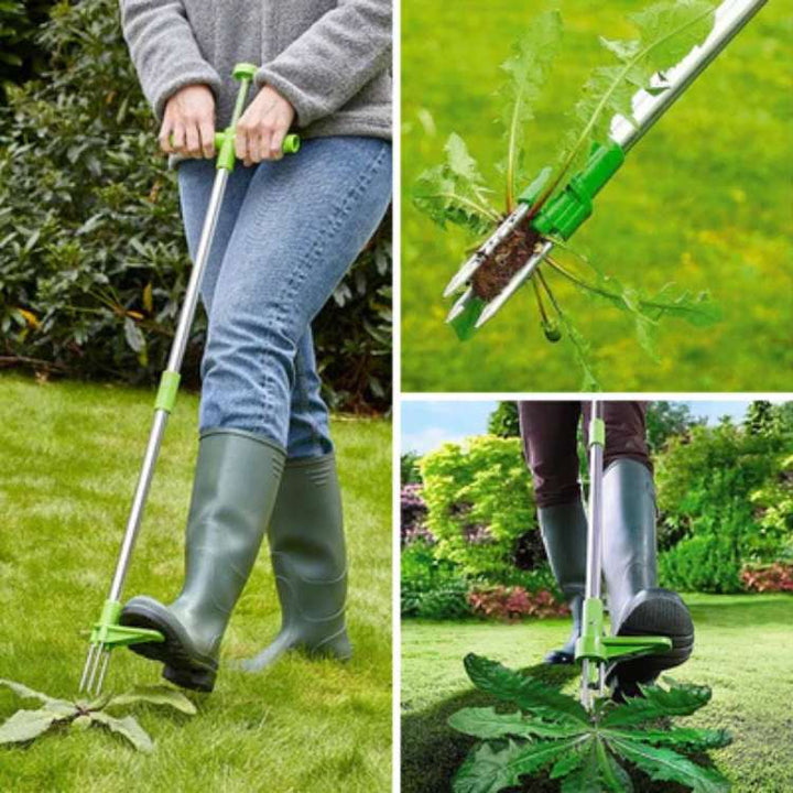 RootRipper onkruidtrekker in gebruik, verwijdert diepgeworteld onkruid moeiteloos voor een schone tuin.