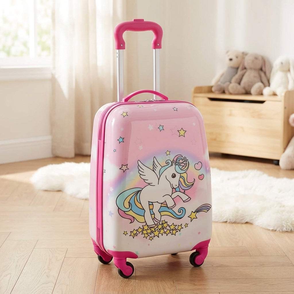 Roze hardcase kinderkoffer met eenhoorn design, vier wielen en uitschuifbaar handvat voor zorgeloos reizen.