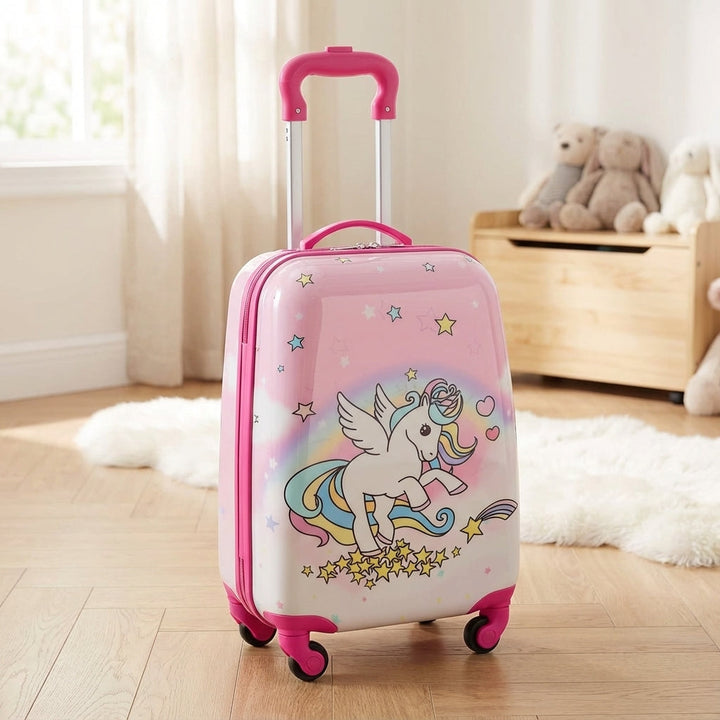 Roze hardcase kinderkoffer met eenhoorn design, vier wielen en uitschuifbaar handvat voor zorgeloos reizen.
