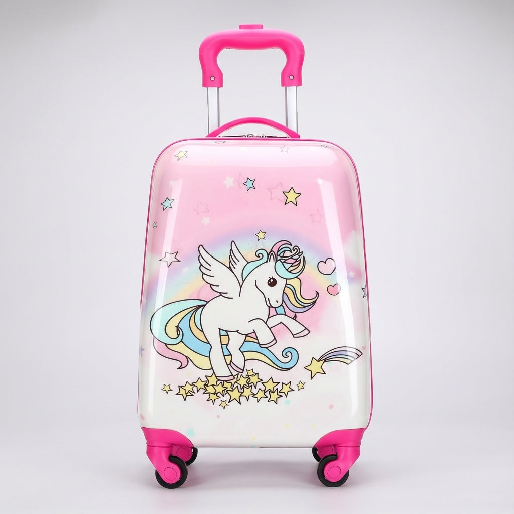 Duurzame roze kinderreiskoffer met soepele wielen en eenhoornprint, perfecte hardcase bagage voor meisjesvakantie.