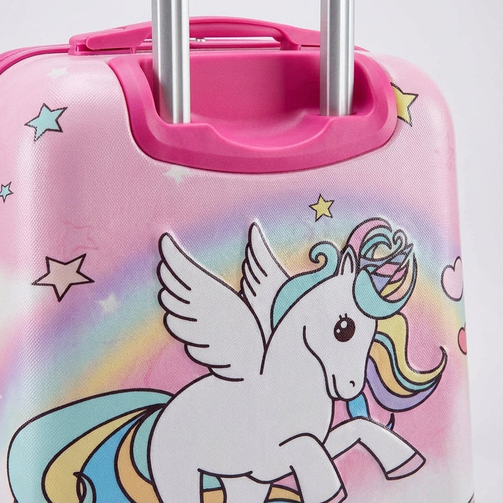 Unispark harde kinderkoffer, roze met charmante eenhoornafbeelding. Stevige bagage met wielen voor jonge reizigers.
