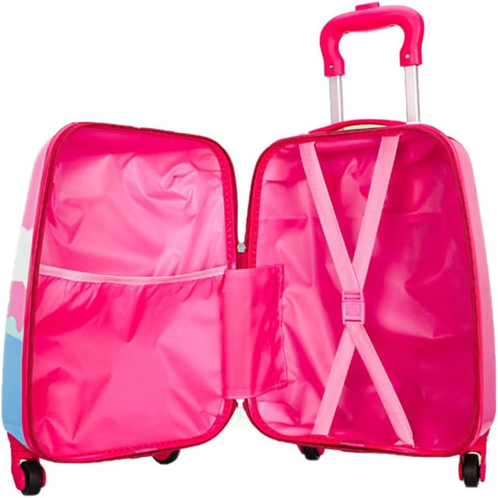 Schattige roze eenhoorn kinderkoffer, hardcase model met wielen, ideaal voor avontuurlijke kinderen op vakantie.