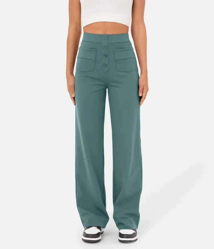 Roze high-waisted wide leg damesbroek. Elegant en comfortabele chino voor elke gelegenheid.