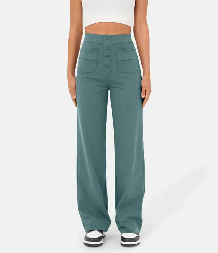 Roze high-waisted wide leg damesbroek. Elegant en comfortabele chino voor elke gelegenheid.