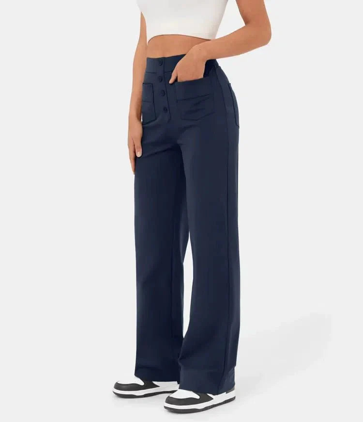 Roze comfortabele high-waisted chino damesbroek. Wide leg model, perfect voor een casual-chique look.
