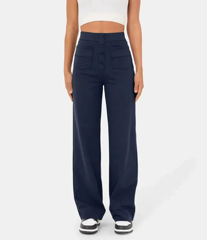 Lichtblauwe high-waisted wide leg broek voor dames. Comfortabele en modieuze chino.