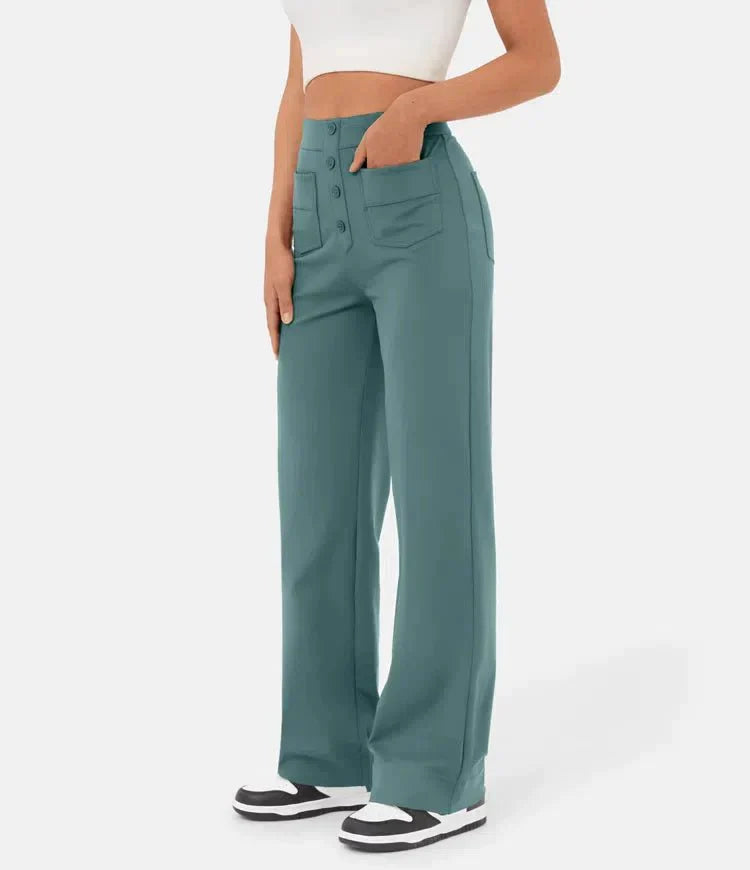 Lichtblauwe high-waisted damesbroek, wide leg model. Elegante chino voor een comfortabele outfit.