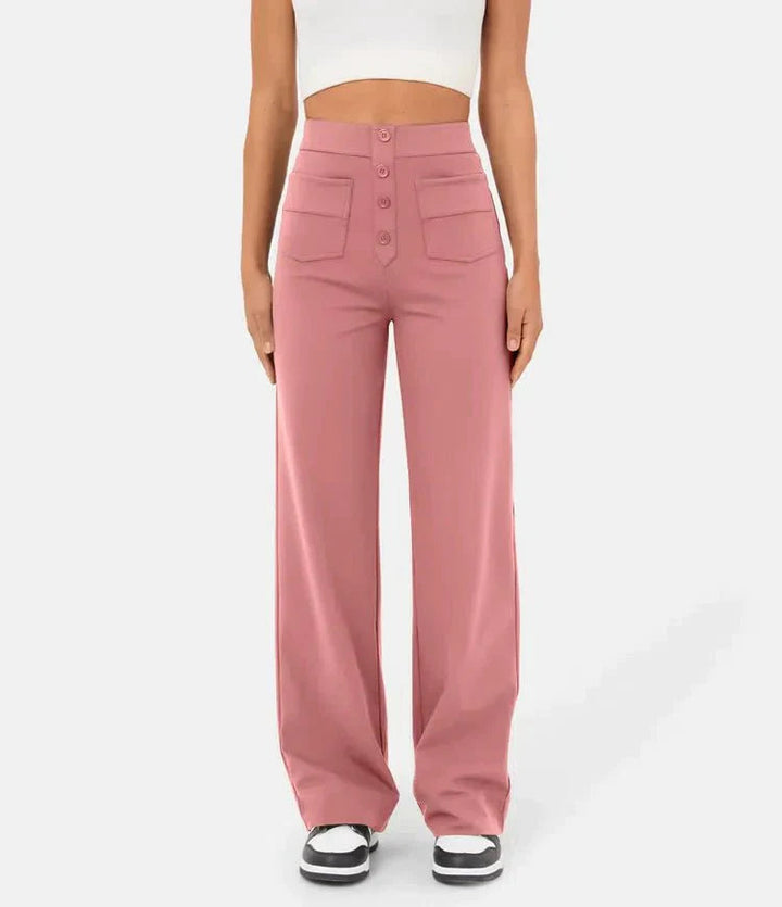 Comfortabele roze wide leg broek voor dames. High-waisted chino, perfect voor dagelijks gebruik.