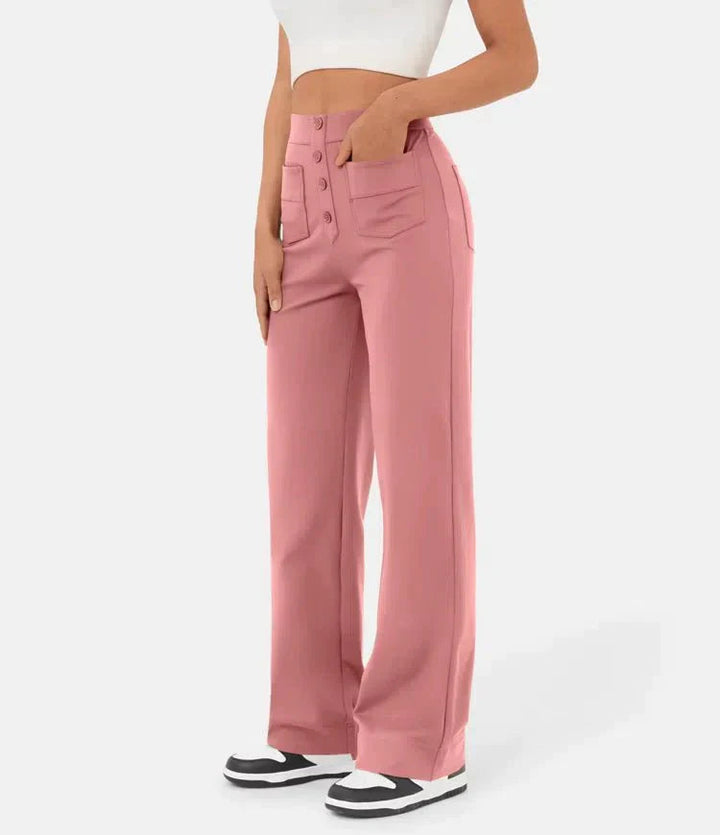 Elegante zwarte damesbroek, high-waisted en wide leg. Chino voor een modieuze en comfortabele stijl.
