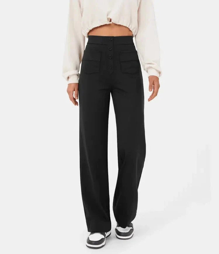 Zwarte high-waisted wide leg damesbroek. Comfortabele chino broek, veelzijdig en stijlvol.