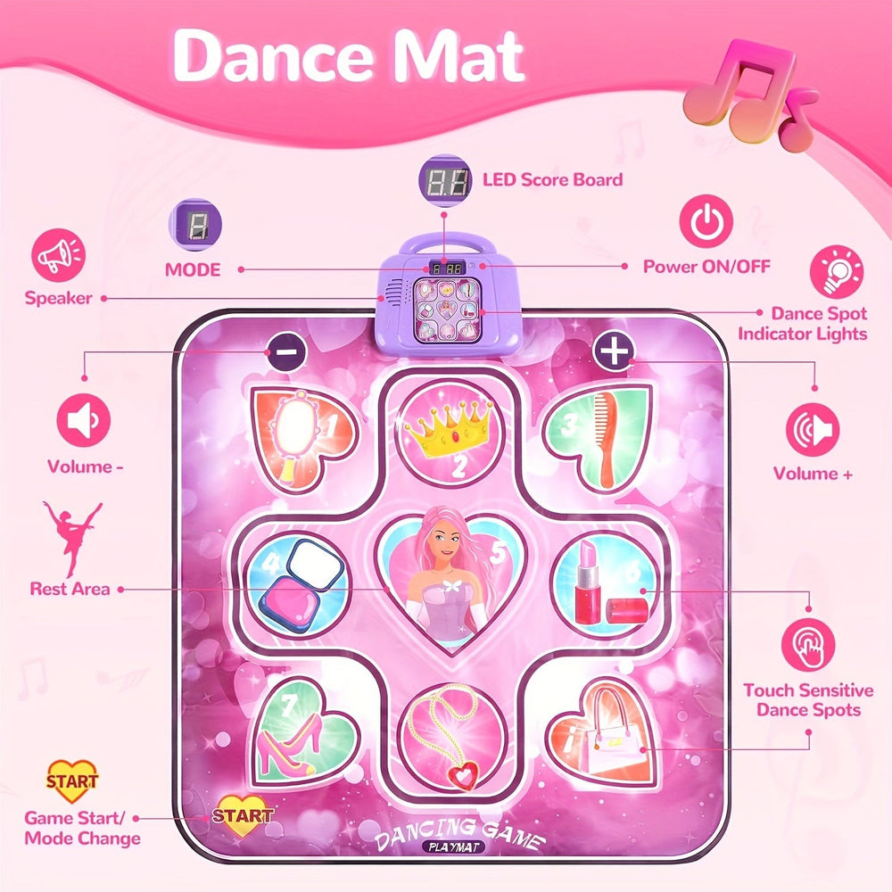 Kinderen spelen op roze interactieve dansmat met ritme- en scorefunctie. Schermvrij educatief speelgoed.