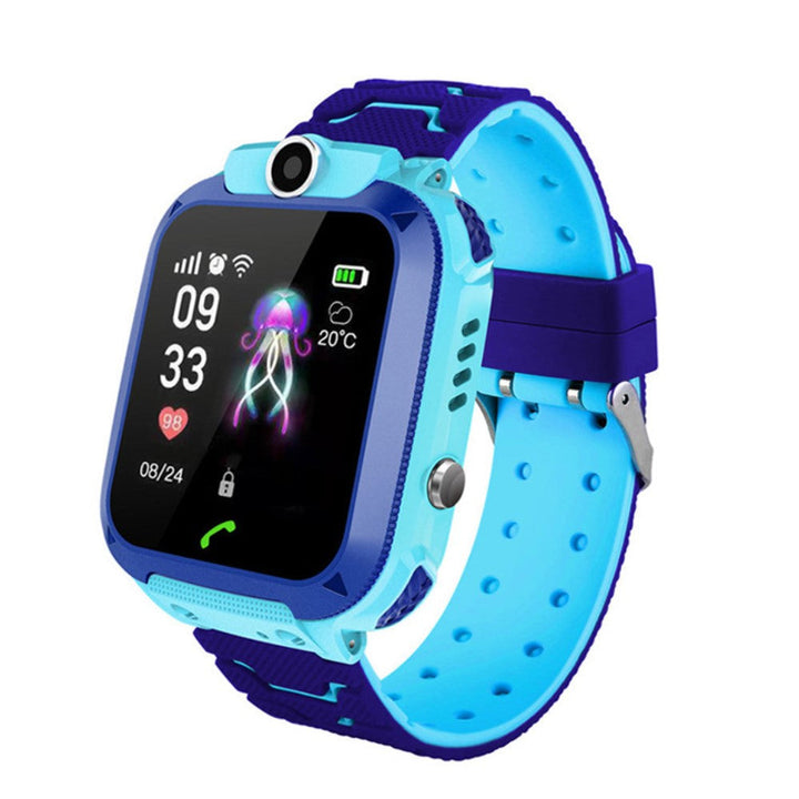 Paarse kinder smartwatch, elektronica met touchscreen, GPS-navigatie, belfunctie en noodoproep.