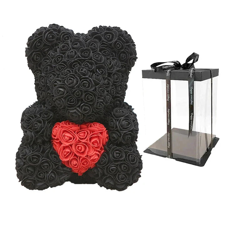 Luxe rozenbeer knuffel als cadeau; een schattige beer versierd met eeuwige rozen.