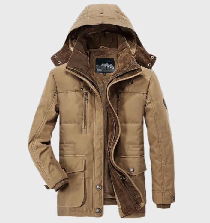Khaki heren winterjas met capuchon en zakken