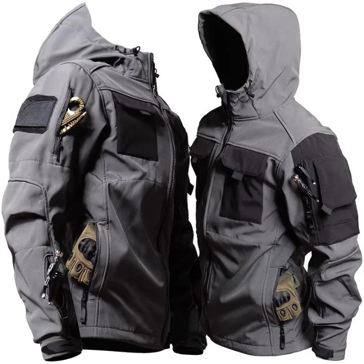 Grijs unisex tactisch softshell jack Ruben getoond vanuit meerdere hoeken