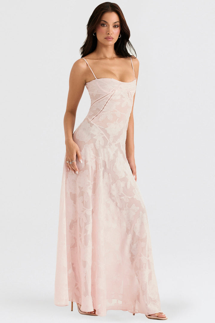 "Rugloze Elvina maxi jurk met geborduurde details, elegante lange jurk voor zomerse gelegenheden in vrouwenmode"