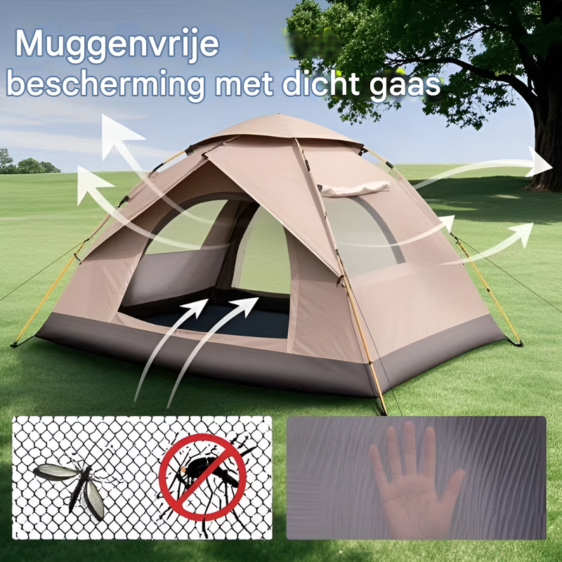 Ruime familietent snel opgezet, ideaal voor comfortabel kamperen en outdoor avonturen met het gezin.