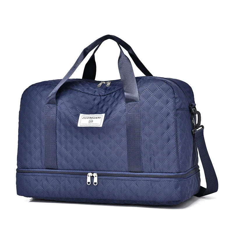 Waterbestendige nylon reistas met apart schoenenvak, ideaal voor reizen en sport.