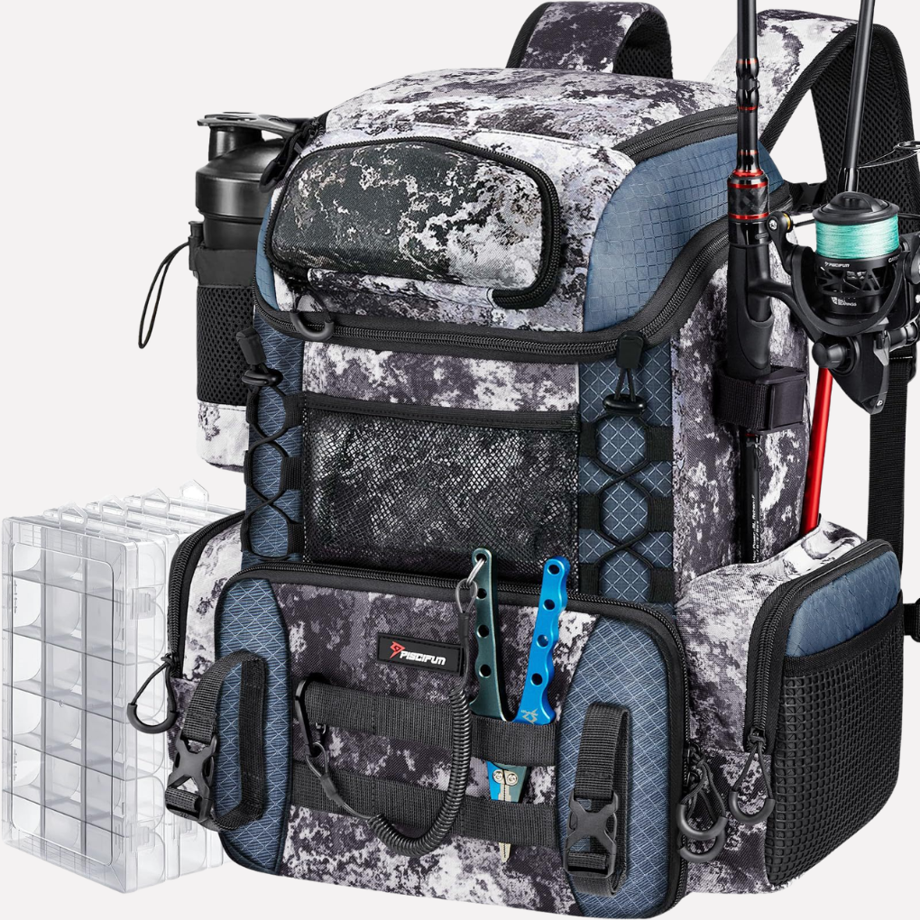 Stoere camo tackle rugzak voor vissen, biedt georganiseerde opslag en comfort voor buitenleven.