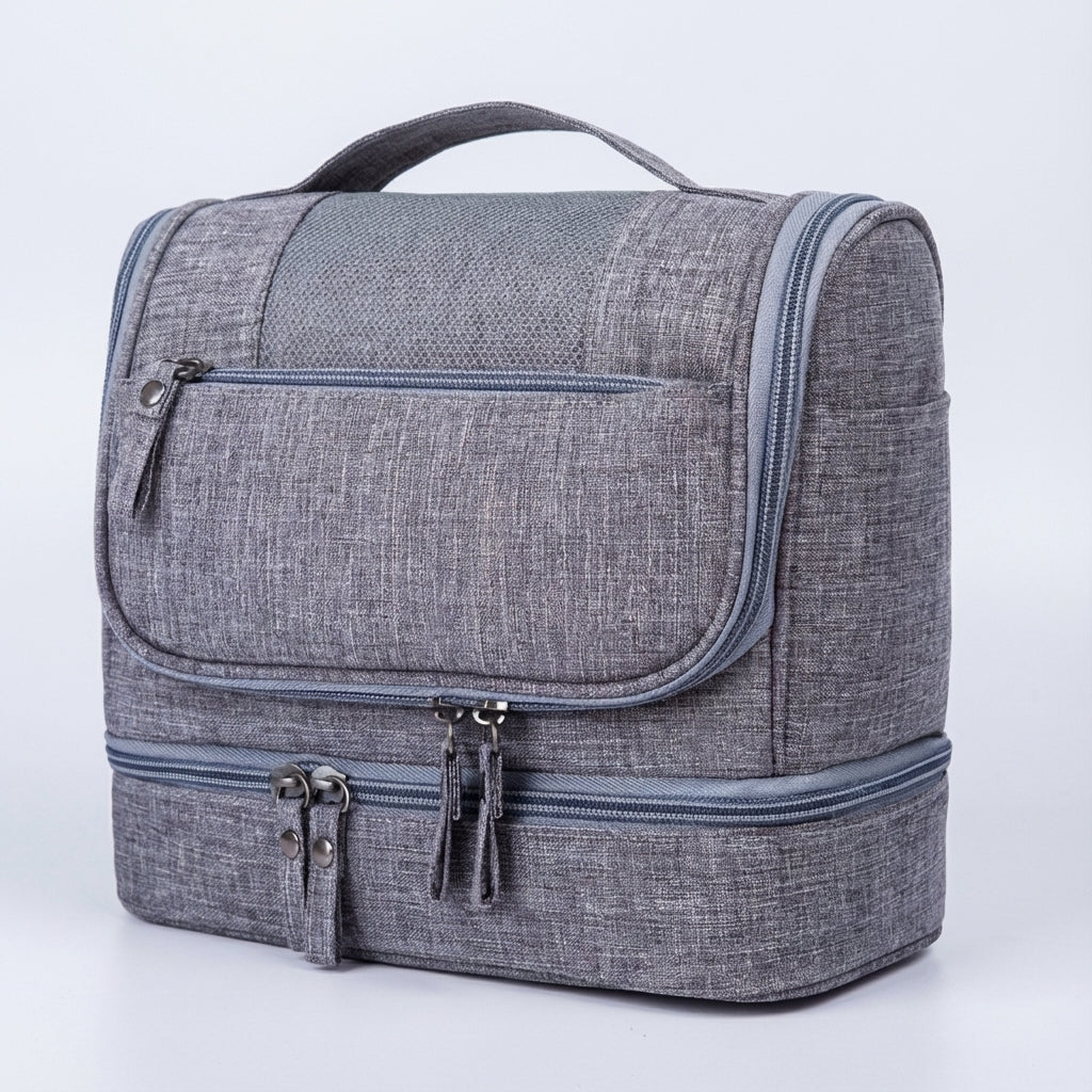 Grote make-up tas en toilettas met dubbel compartiment voor al je verzorgingsproducten en cosmetica op reis.