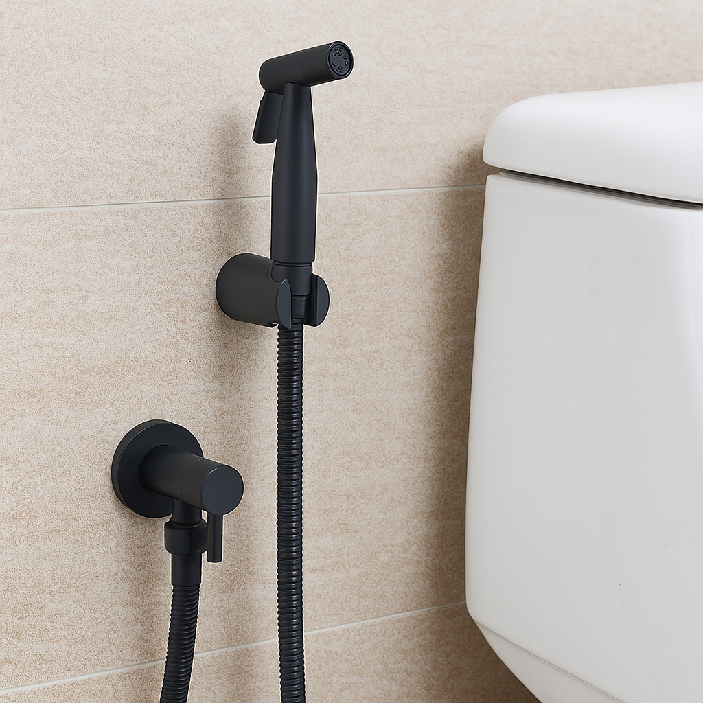 RVS bidetsproeier voor hygiënische douche. Zilveren wc spray met wandhouder, ideaal voor persoonlijke verzorging.