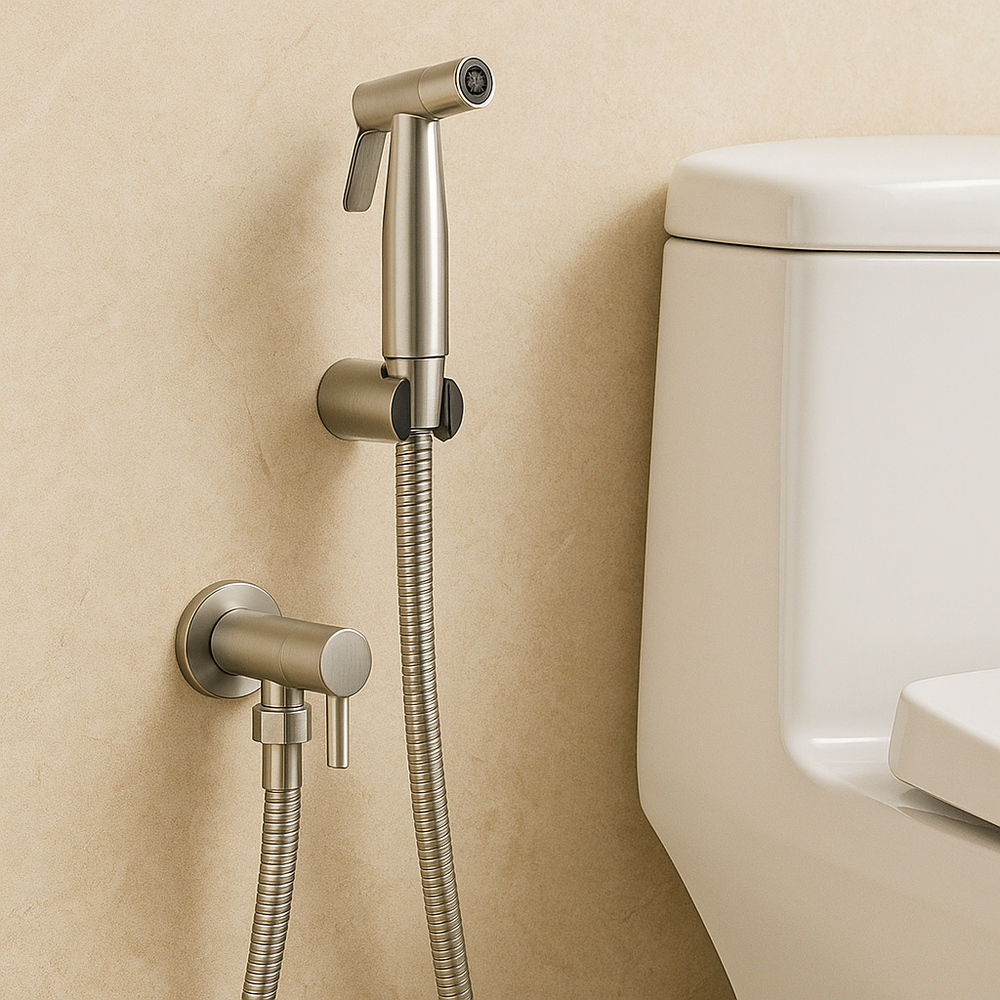Moderne hygiënische douche WC spray van RVS. Deze bidetsproeier zorgt voor een frisse, ecologische reiniging.