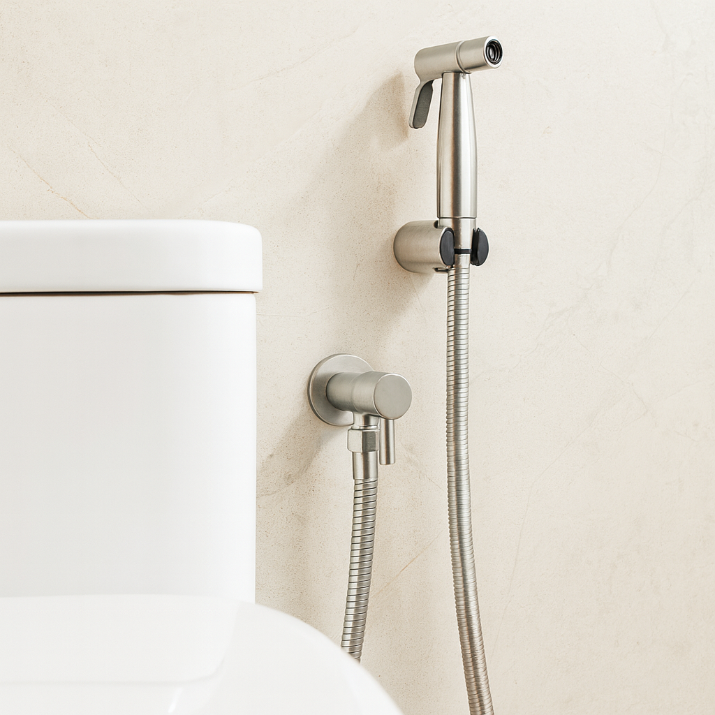 Compleet RVS bidetsproeier set met zwarte slang en wandhouder. Handige wc spray voor een schone badkamer.