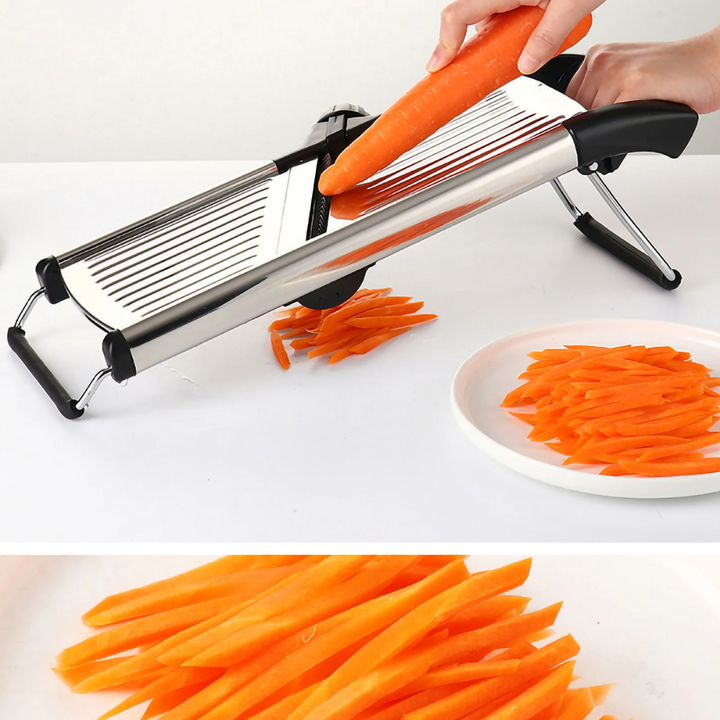 PrecisionSlice roestvrijstalen mandoline met verstelbare snijdikte. Ideaal voor veilig en snel groenten snijden.