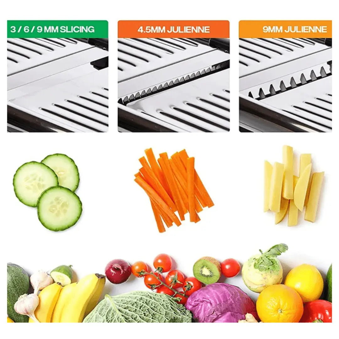 Veilige RVS mandoline snijder voor moeiteloos julienne en plakjes groenten. Essentieel keukenhulpmiddel.