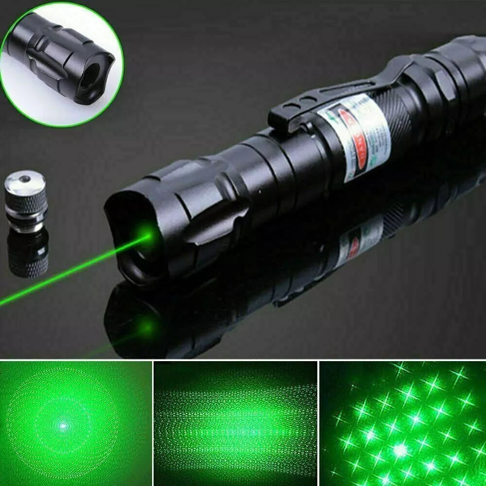 Groene laserpointer in actie met verschillende projectiepatronen