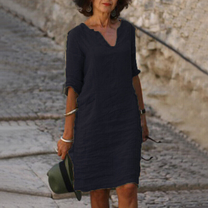 Elegante, veelzijdige dames midi jurk, perfect als casual lente- of zomerjurk, comfortabel en luchtig.