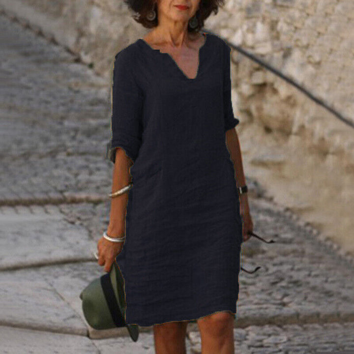 Elegante, veelzijdige dames midi jurk, perfect als casual lente- of zomerjurk, comfortabel en luchtig.