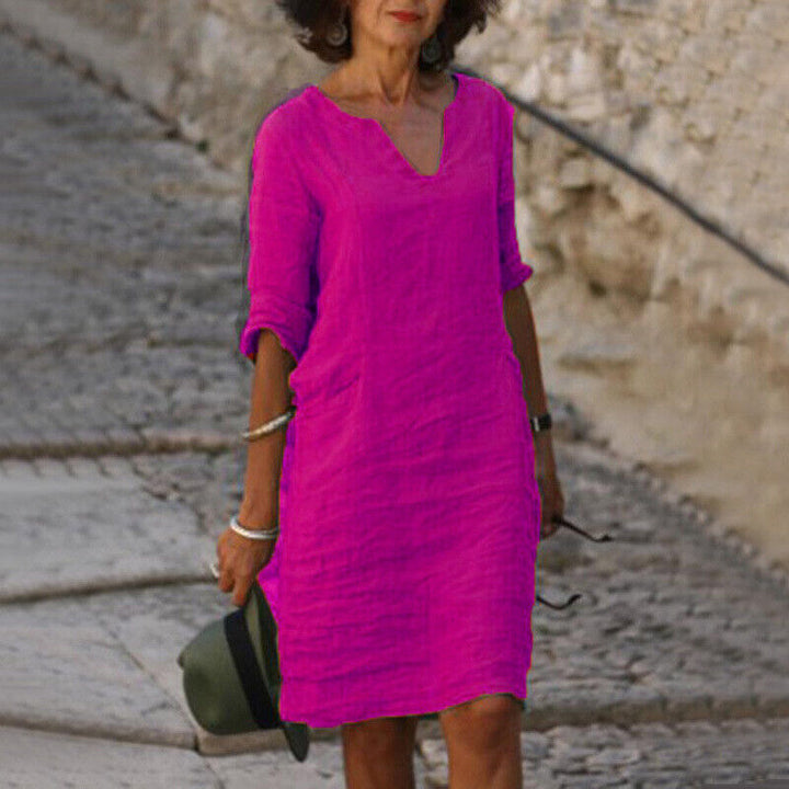 Comfortabele, luchtige dames midi jurk, perfect voor dagelijks gebruik in de zomer, elegant en casual.