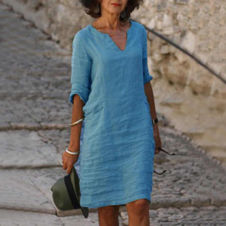 Kleurrijke, luchtige dames midi zomerjurk, comfortabel en elegant, ideaal voor casual lente/zomer gelegenheden.