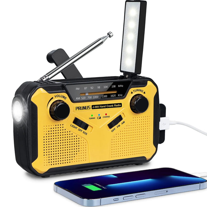 SafeSignal multifunctionele noodradio met zaklamp, powerbank, zonnepaneel en handzwengel voor kamperen & survival.