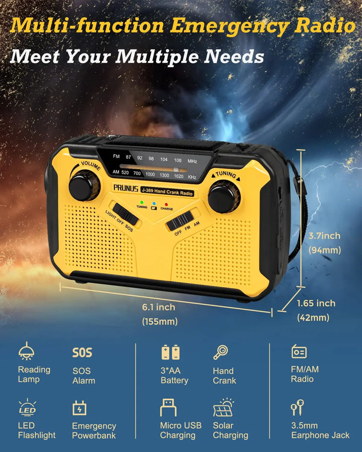 Noodradio met zonnepaneel en handzwengel, ideaal voor opladen buitenshuis tijdens kamperen of noodsituaties.