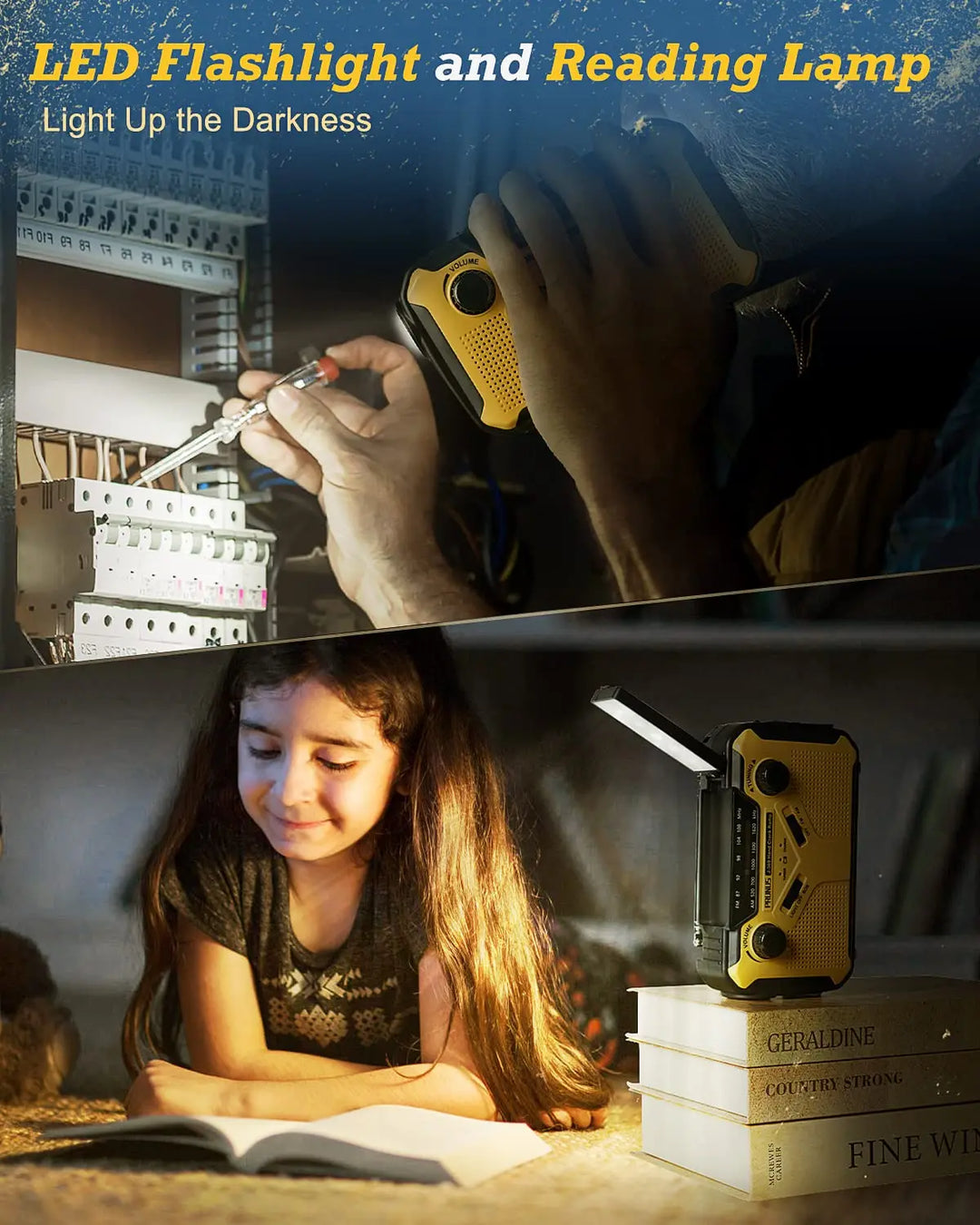 Compacte reisradio met zaklamp en powerbank, perfect voor outdoor avonturen, kamperen en backpacken.
