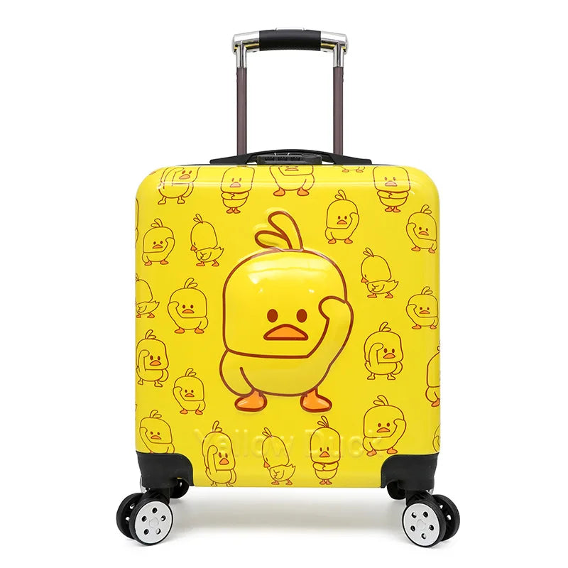 Roze kindertrolley met vrolijk eenhoorn cartoon design, ideale handbagage voor meisjes op reis.