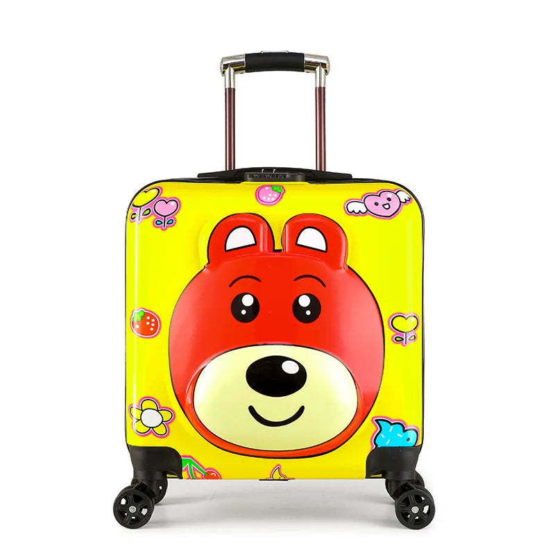 Blij kind trekt zijn Seoul hardshell reiskoffer met cartoon design door de luchthaven.