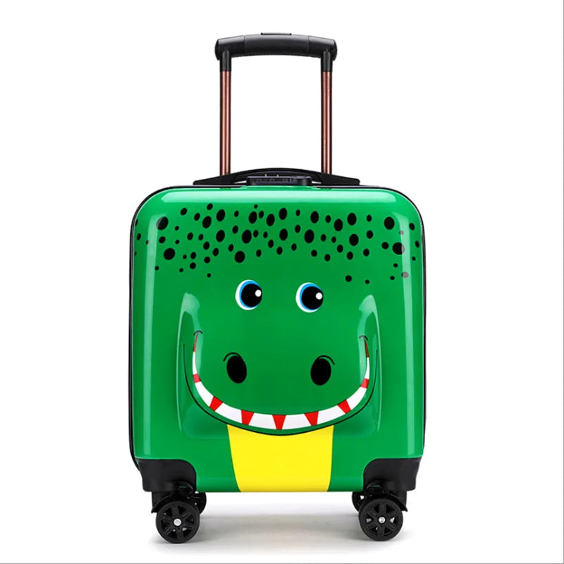 Groep diverse hardshell kinderkoffers met cartoon dieren, ideaal voor gezinsreizen en avonturen.