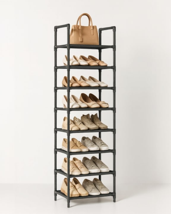 Zwarte metalen organizer voor schoenen en accessoires in de hal