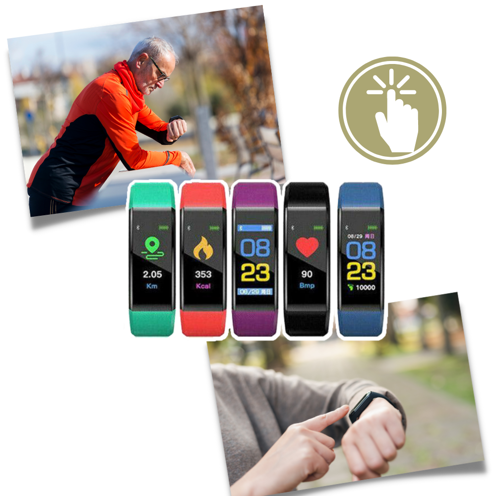 Opvallende rode senioren smartwatch, meet hartslag, bloeddruk en slaapkwaliteit.
