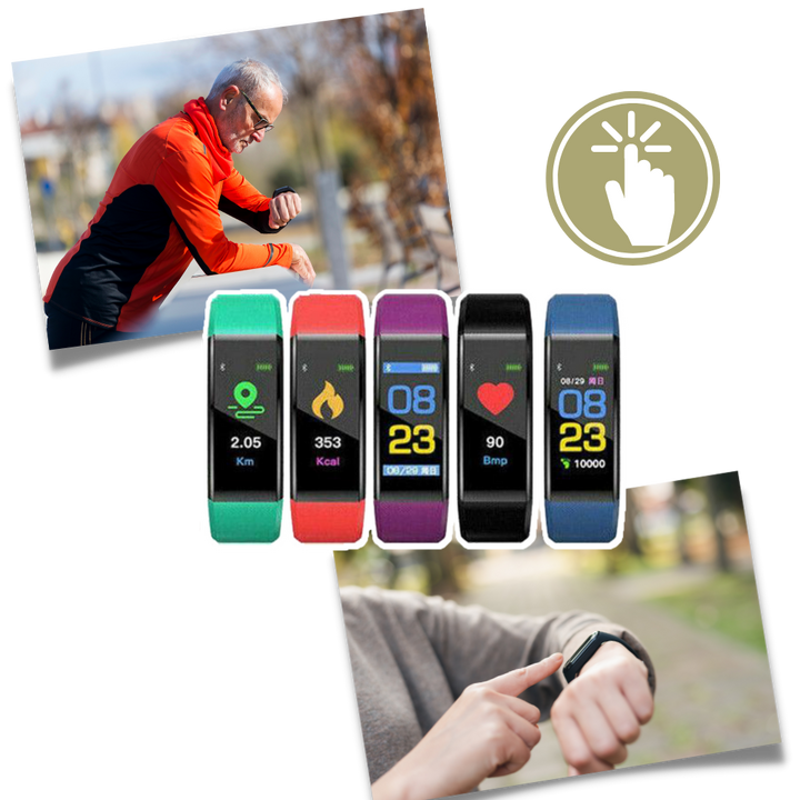 Opvallende rode senioren smartwatch, meet hartslag, bloeddruk en slaapkwaliteit.