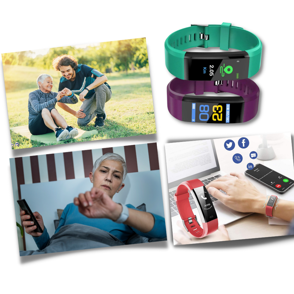 Zwarte senioren smartwatch met groot digitaal scherm en wellness monitoring functies.