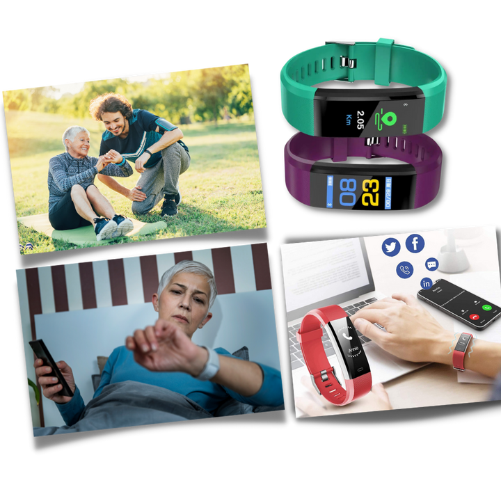 Zwarte senioren smartwatch met groot digitaal scherm en wellness monitoring functies.