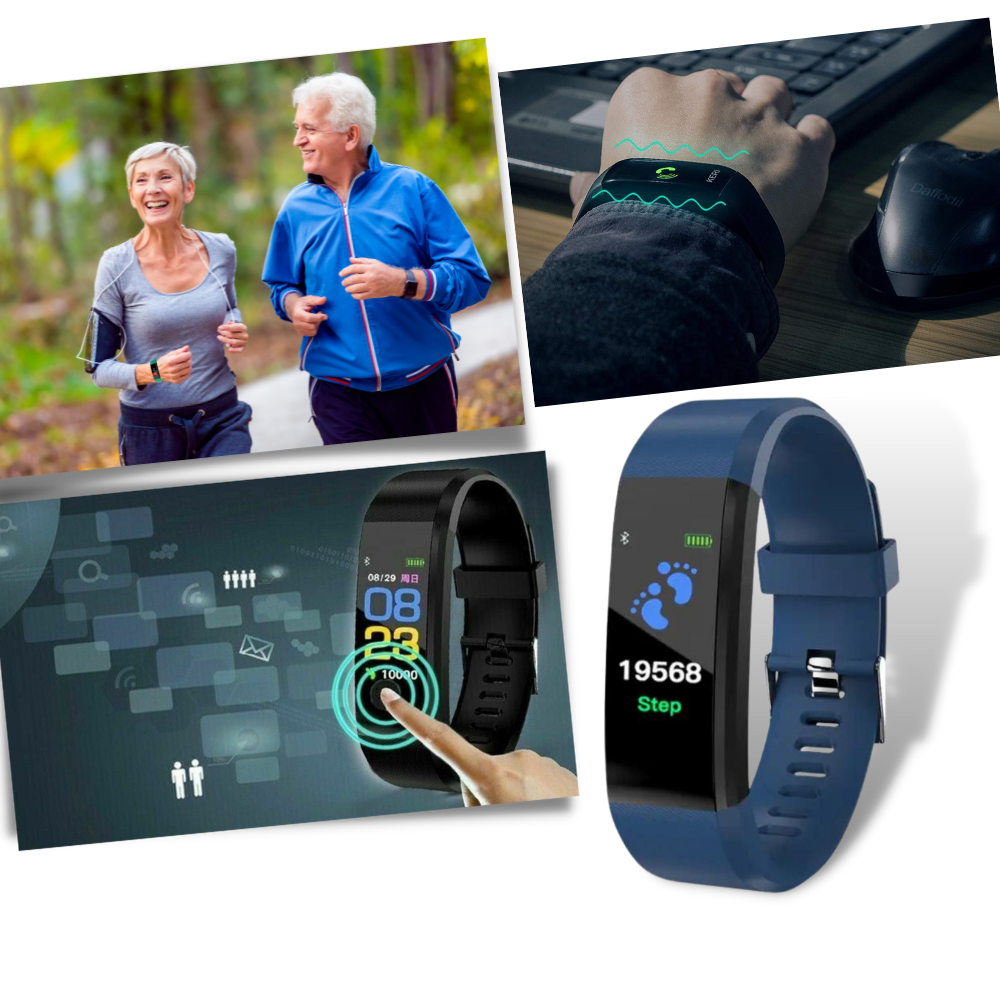 Digitale wearable: paarse senioren smartwatch met hartslag- en bloeddrukmeter.